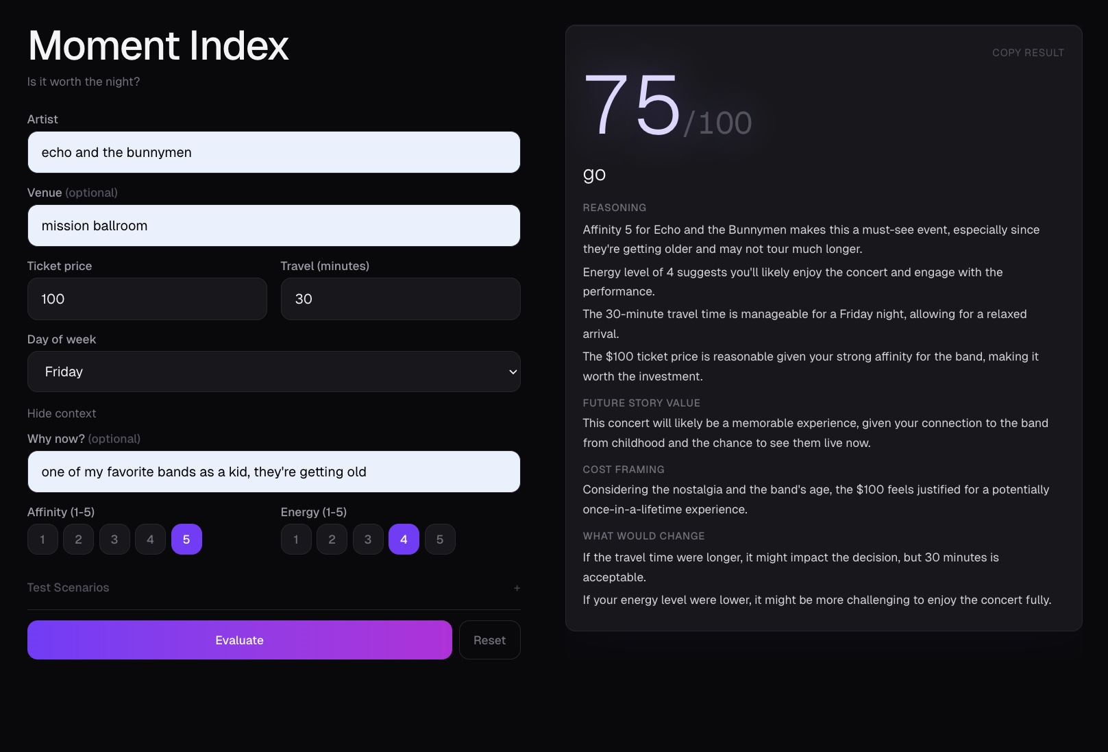 Should I Go decision output showing Regret Score and Future Story Value framing
